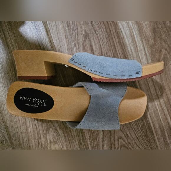 New York Lites wooden Sandal in gray suede leather sandals clogs  size 10 - Picture 7 of 17